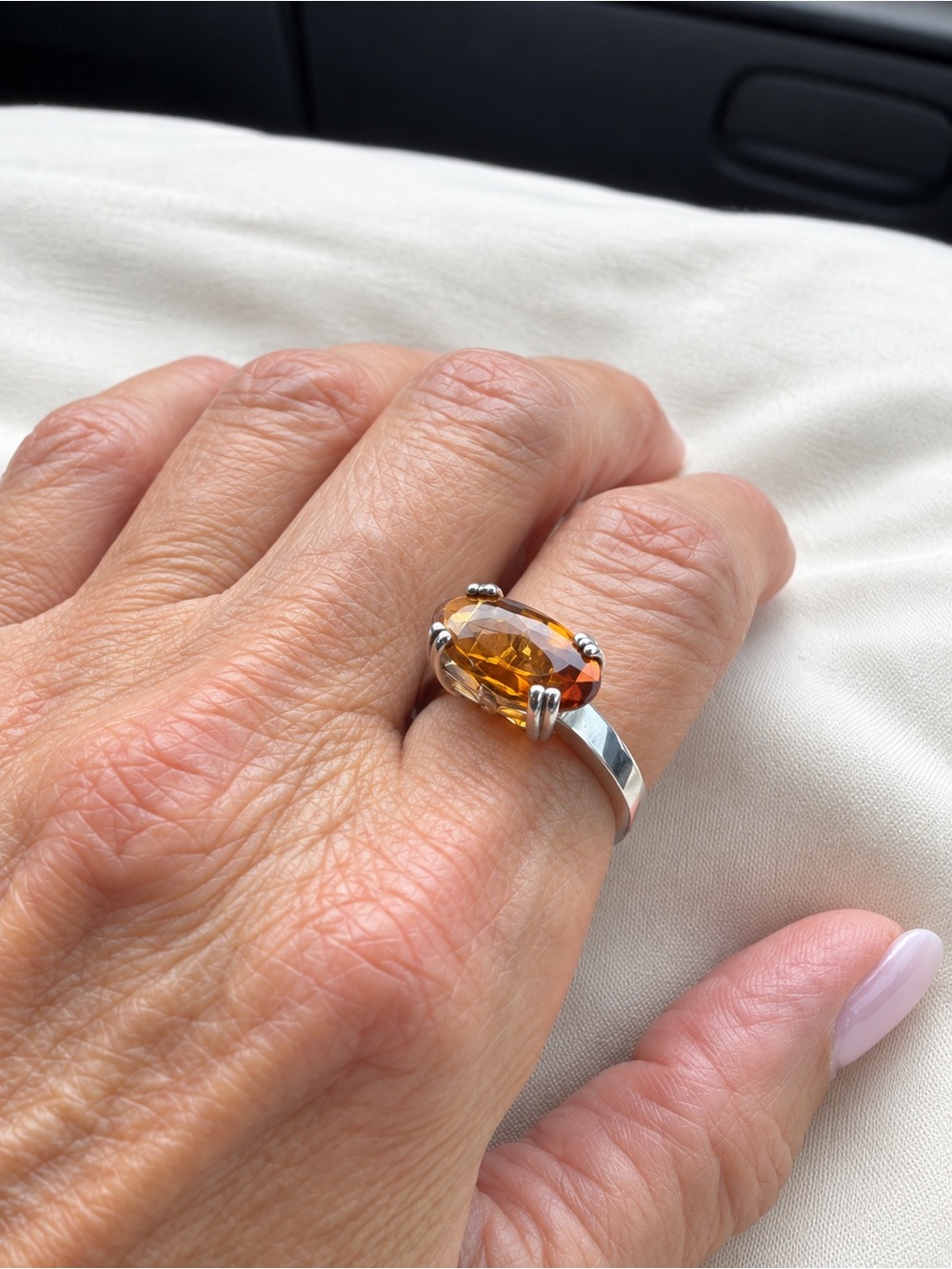 Orange Faceted Gemstone Ring Size 7 Silver Tone Ornate Filigree Cocktail Ring
